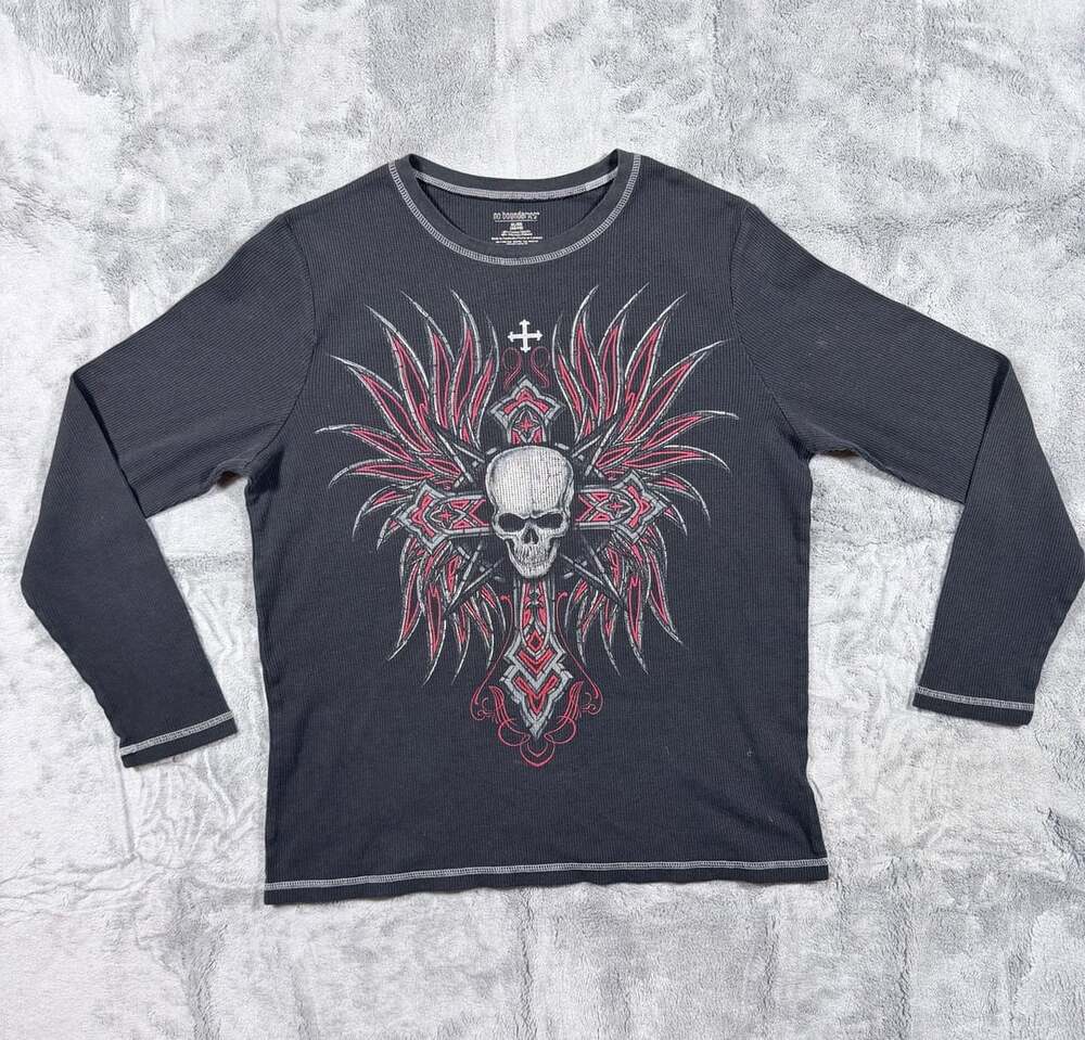 No Boundaries Skull Cross Thermal Shirt Size XL Black Red Y2K